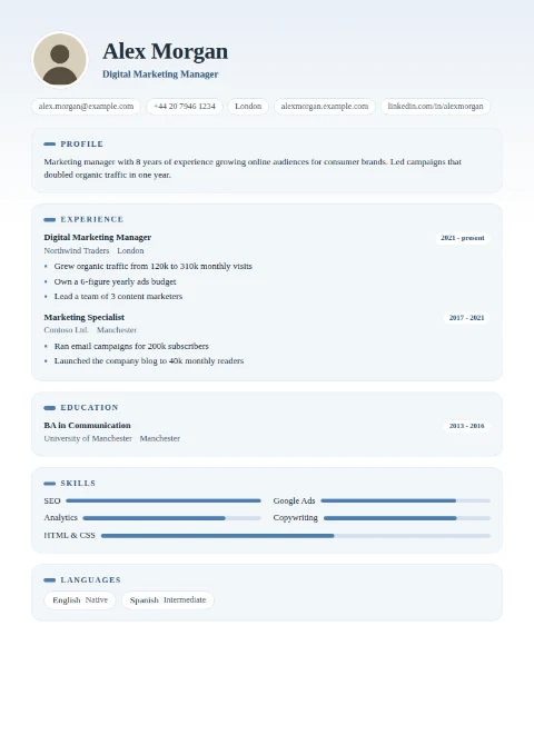 free CV template, editable in the browser
