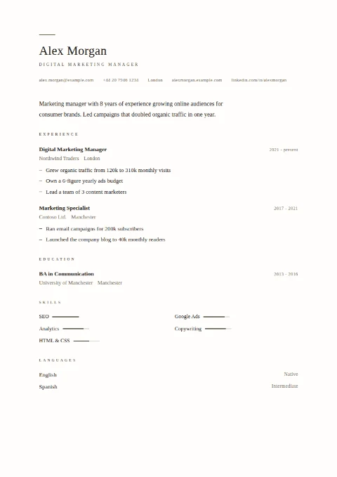 free CV template, editable in the browser