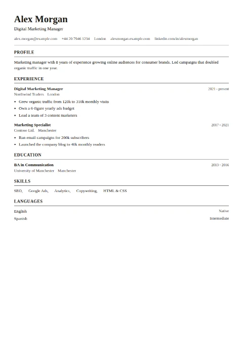free CV template, editable in the browser
