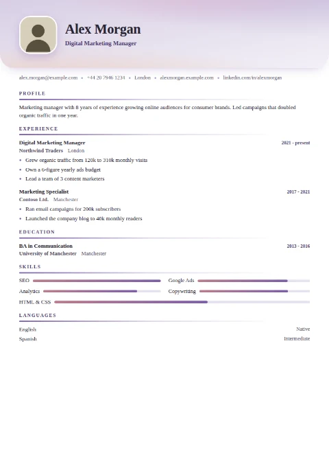 free CV template, editable in the browser