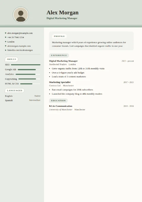 free CV template, editable in the browser