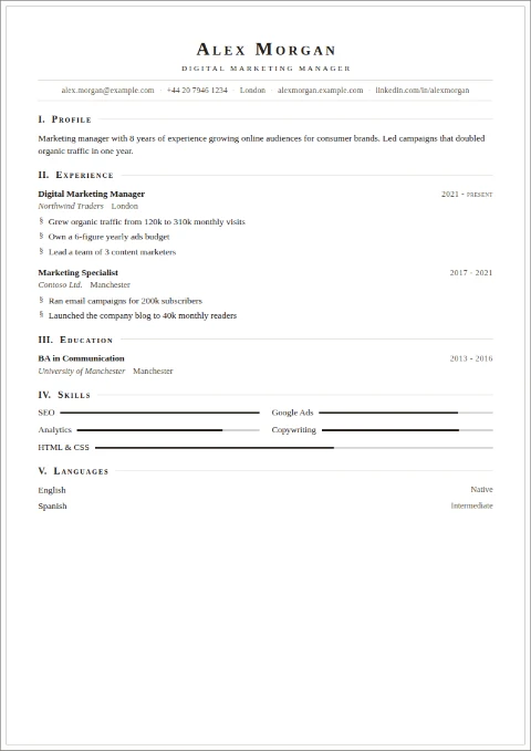 free CV template, editable in the browser