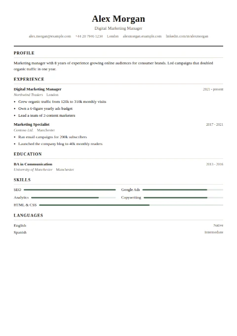 free CV template, editable in the browser