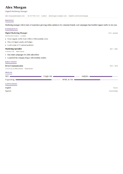free CV template, editable in the browser