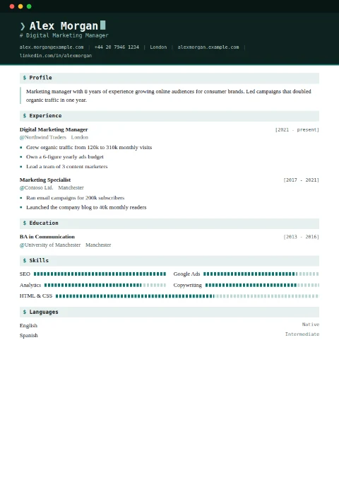 free CV template, editable in the browser