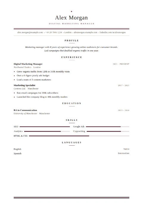 free CV template, editable in the browser