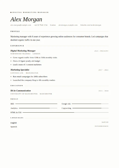 free CV template, editable in the browser