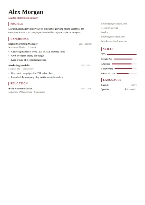 free CV template, editable in the browser