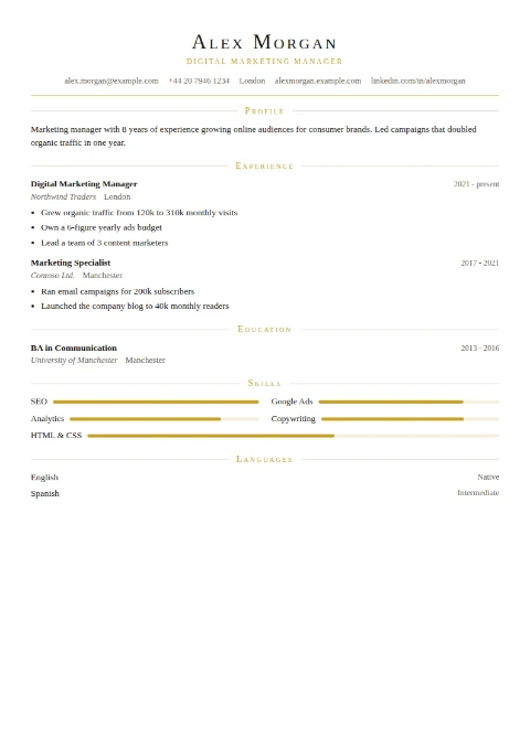 free CV template, editable in the browser