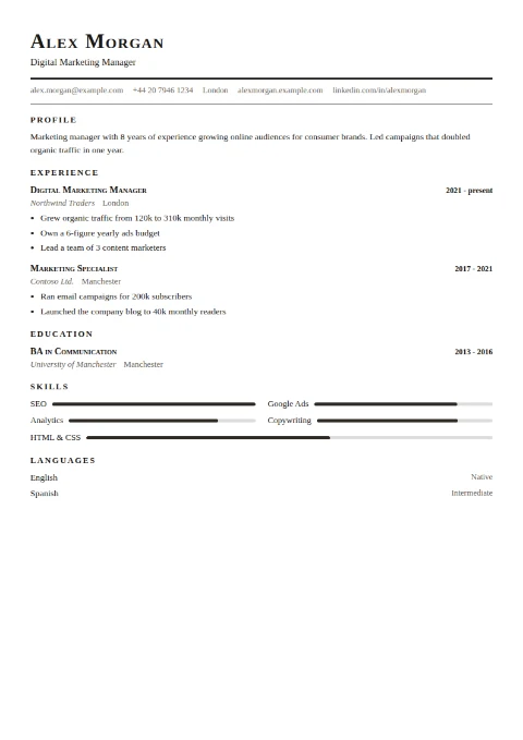 free CV template, editable in the browser