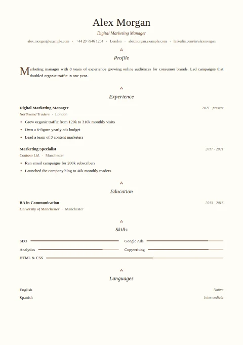 free CV template, editable in the browser