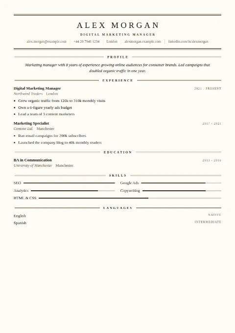 free CV template, editable in the browser