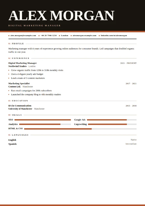 free CV template, editable in the browser