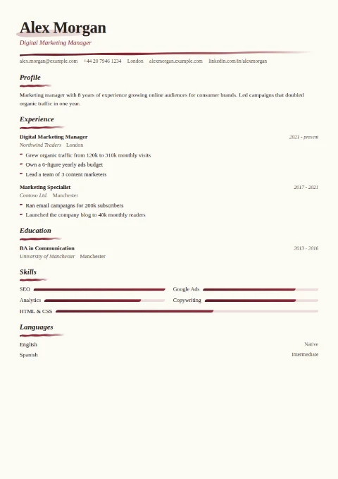 free CV template, editable in the browser