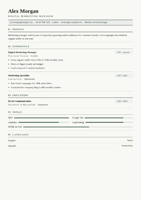 free CV template, editable in the browser