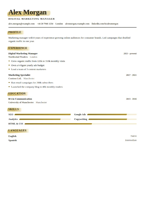 free CV template, editable in the browser