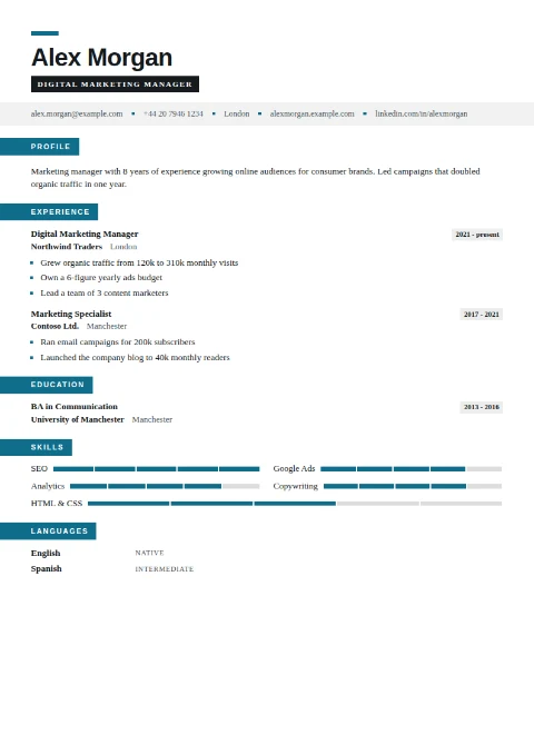 free CV template, editable in the browser