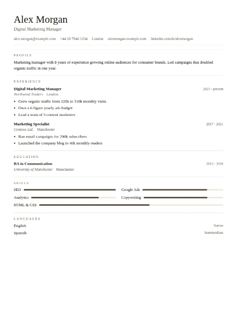free CV template, editable in the browser