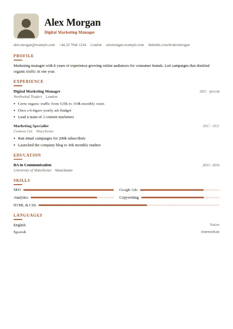 free CV template, editable in the browser