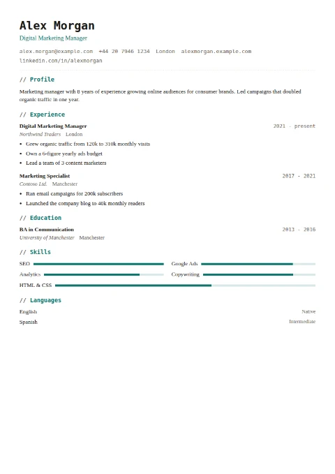 free CV template, editable in the browser