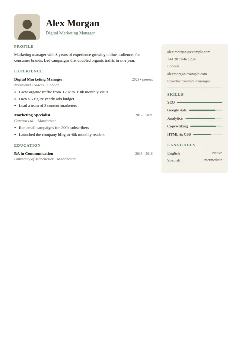 free CV template, editable in the browser