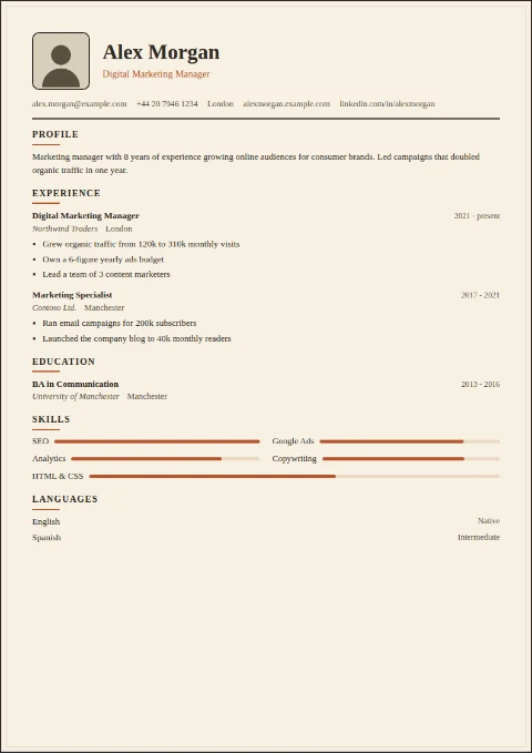 free CV template, editable in the browser