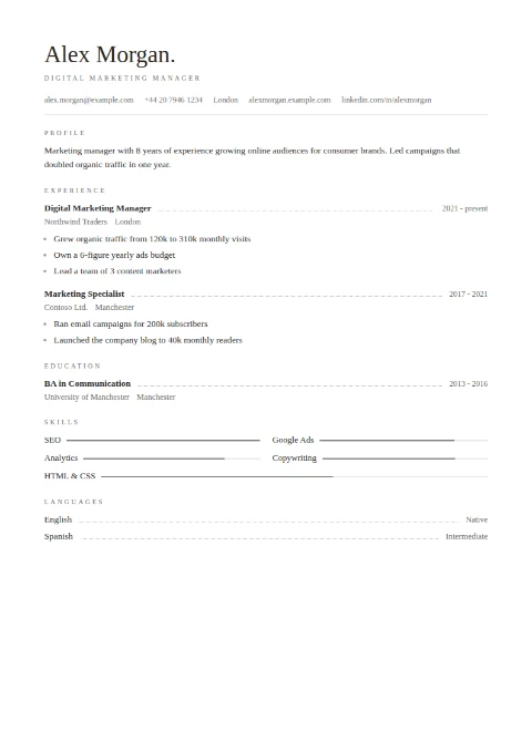free CV template, editable in the browser