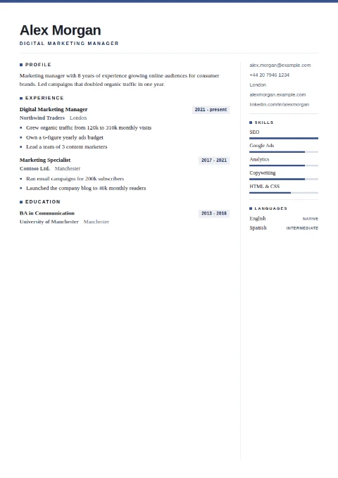 free CV template, editable in the browser