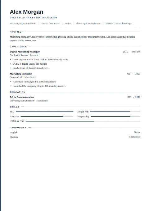 free CV template, editable in the browser