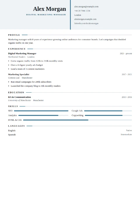 free CV template, editable in the browser