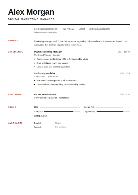 free CV template, editable in the browser