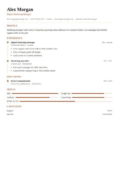 free CV template, editable in the browser