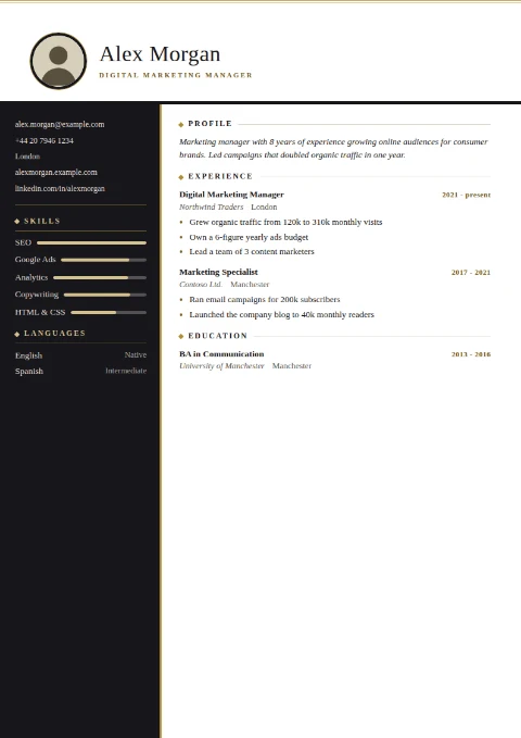 free CV template, editable in the browser