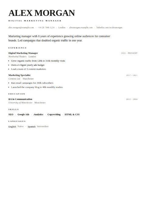 free CV template, editable in the browser