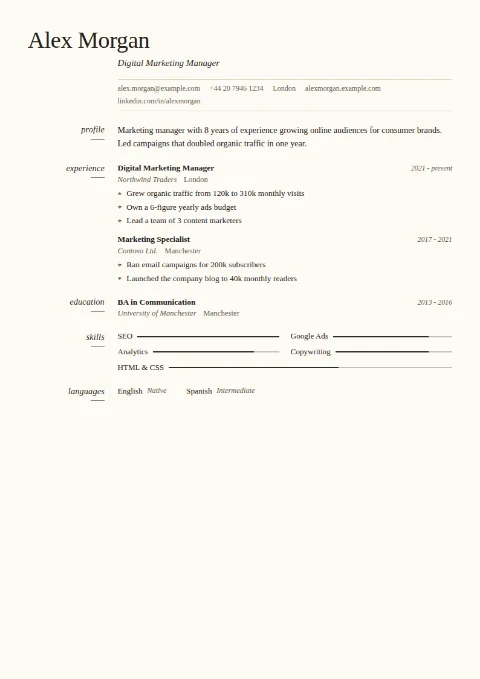 free CV template, editable in the browser